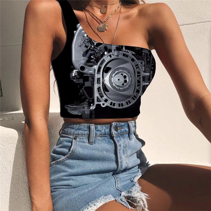 Metal Tank Tops Women Engine One Shoulder Crop Gear Midriff T shirt Technology Tees Graphic