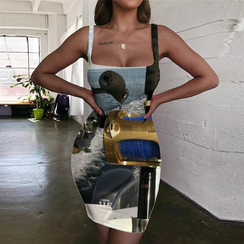 Fish Dresses Women Fisherman Sundress Fishinger Bodycon Dress Tracksuits Halter Sleeveless Metal Vestido Sexy