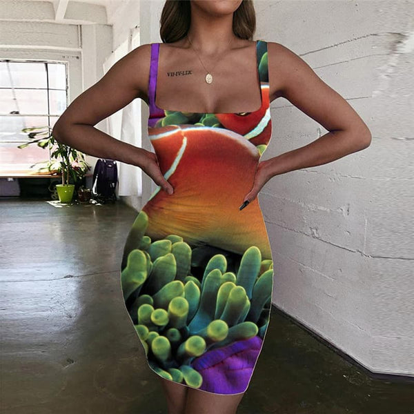 Fish Dress Women Purple Bodycon Dress Harajuku Vestido Sexy Jellyfish Halter Sleeveless Animal 3d Print