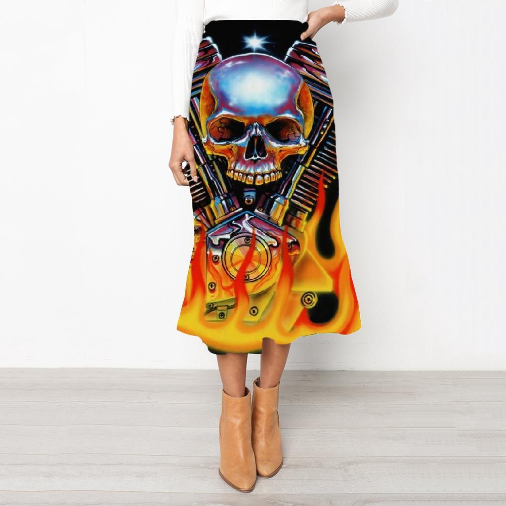 Skull Skirts Women Punk Rock Frauen Flame High waist skirts Motorcycle School skirt - KYKU
