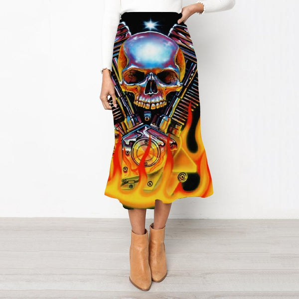 Skull Skirts Women Punk Rock Frauen Flame High waist skirts Motorcycle School skirt - KYKU