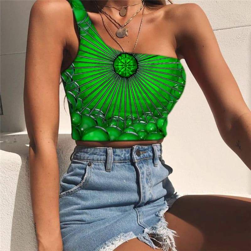 Geometric Vest Tops Women Psychedelic Sleeveless Shirt Vortex Midriff T shirt Ball Tees Graphic Green One Shoulder Crop - KYKU