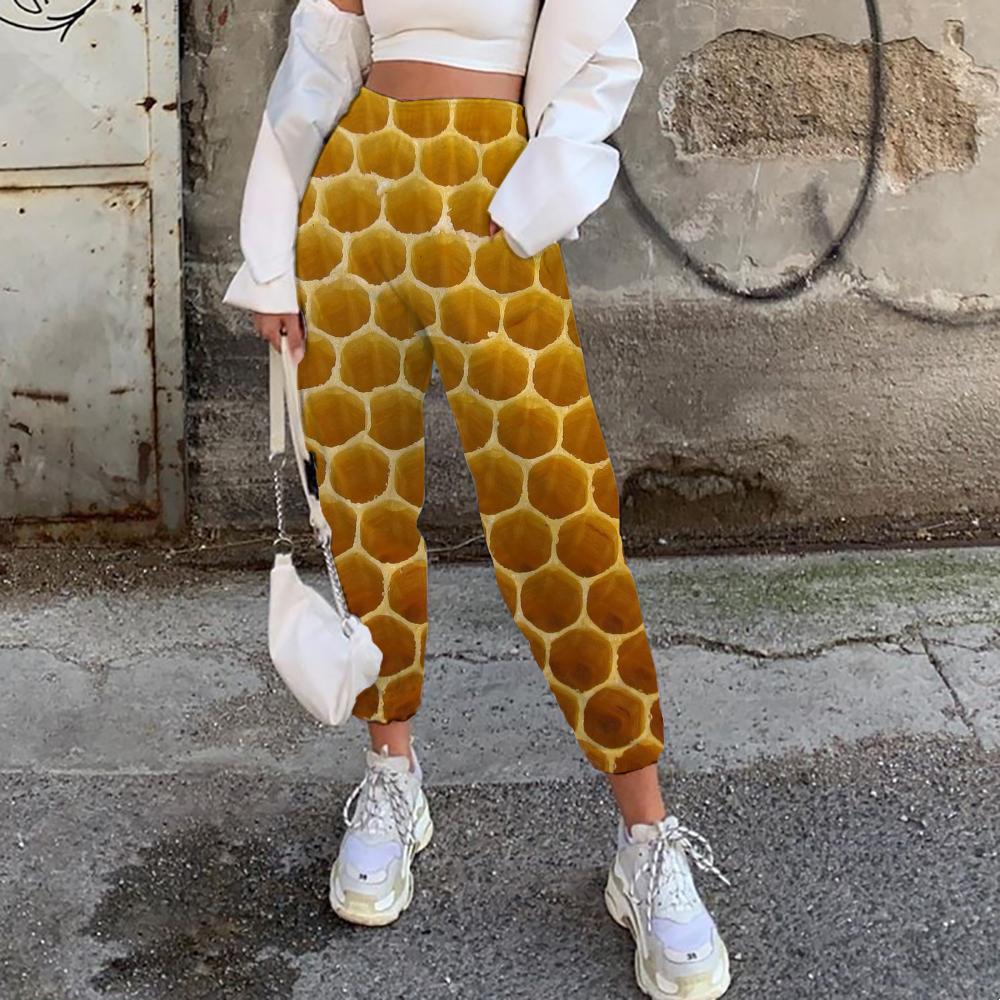 Geometric Trousers Women Psychedelic Trouser Vortex High Waist Pants Honey 3d Printed Honeycomb Casual Pant - KYKU