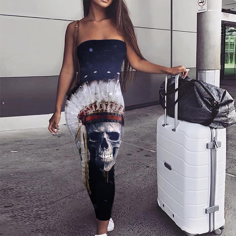 Skull Dress Women Punk Boho Indian Party Feather sleeveless Womens Clothing - KYKU