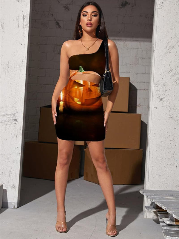 
Pumpkin Dresses Women Halloween Vestido Sexy Candle Bodycon Dress Hip Hop Halter Sleeveless
                