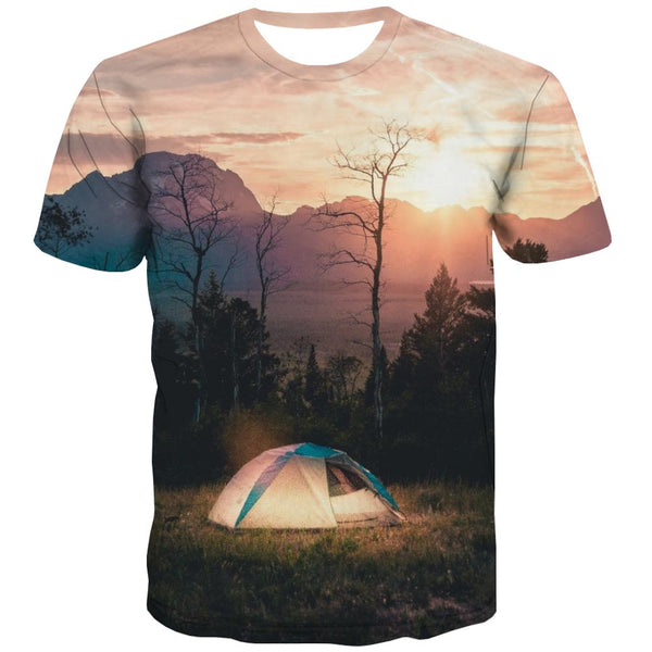 Camping T-shirt Men Sunset Tshirts Casual Forest Shirt Print Flame Tshirts Cool