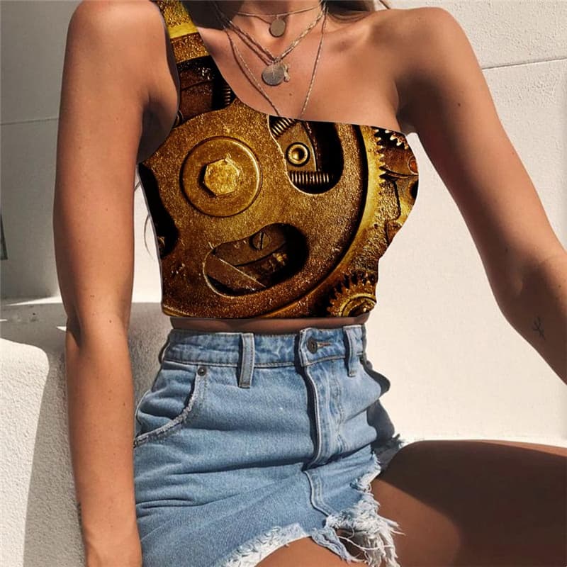 Metal Tank Tops Women Engine Midriff T shirt Gear One Shoulder Crop Golden Sleeveless Shirt