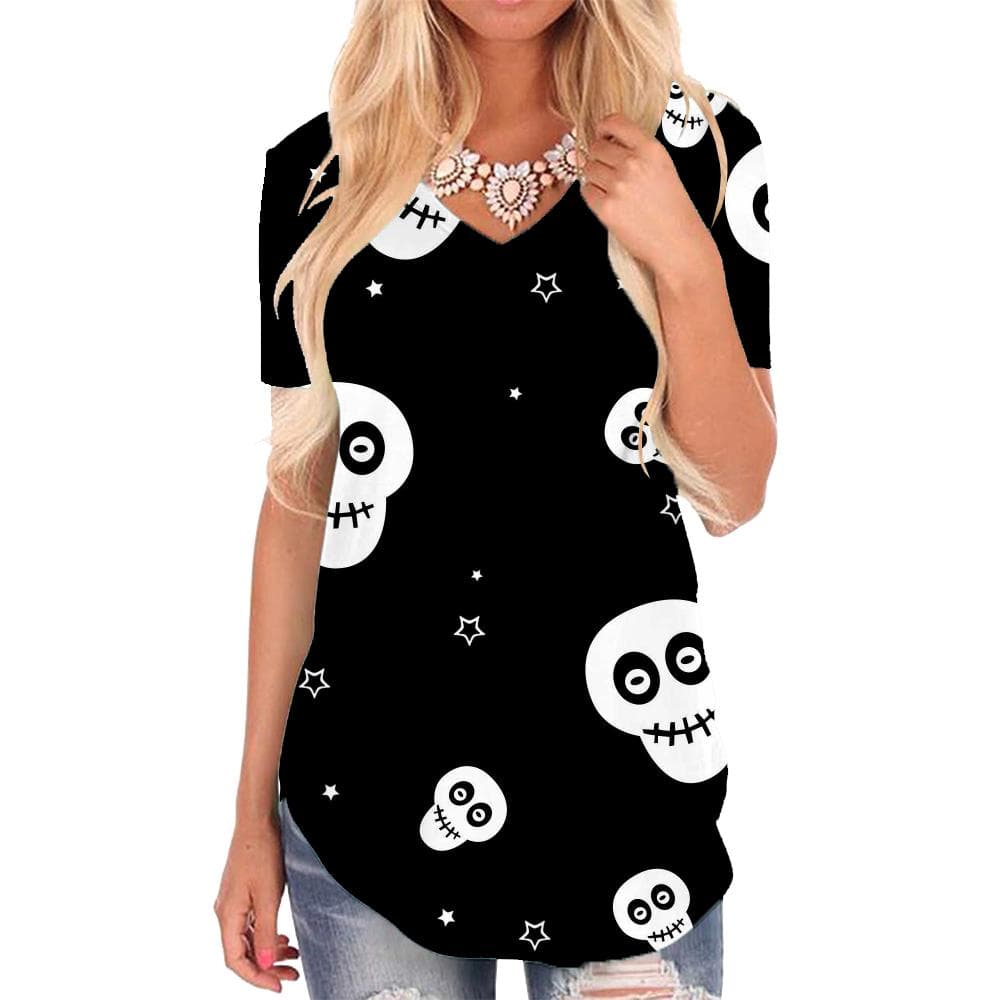Skull T Shirt Women Star Funny T shirts Black Tshirts Printed Hip Hop V-neck Tshirt