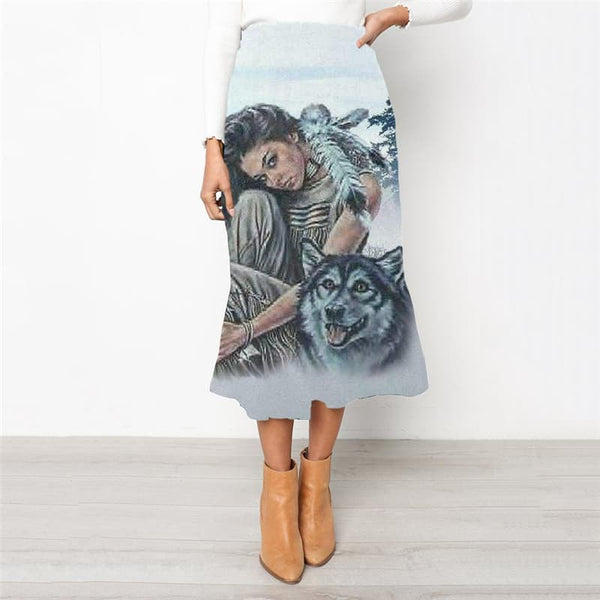 Indios Skirts Women Wolf High waist skirts Eagle Rock Frauen Lovely Skirt Ladies - KYKU