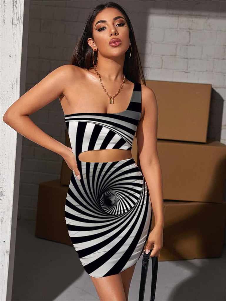 Dizziness Dress Women Stripe Bodycon Dress Black And White Hollow out Dresses Harajuku 3d Print