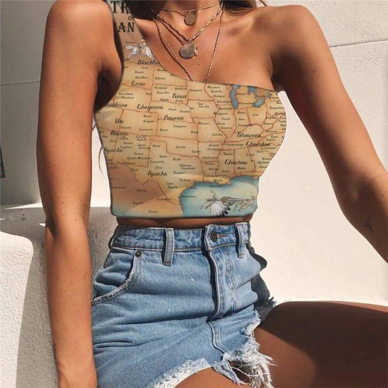 Indios Tank Tops Women Map One Shoulder Crop Animal Tees Graphic  Sleeveless Shirt Fishinger Midriff T shirt - KYKU