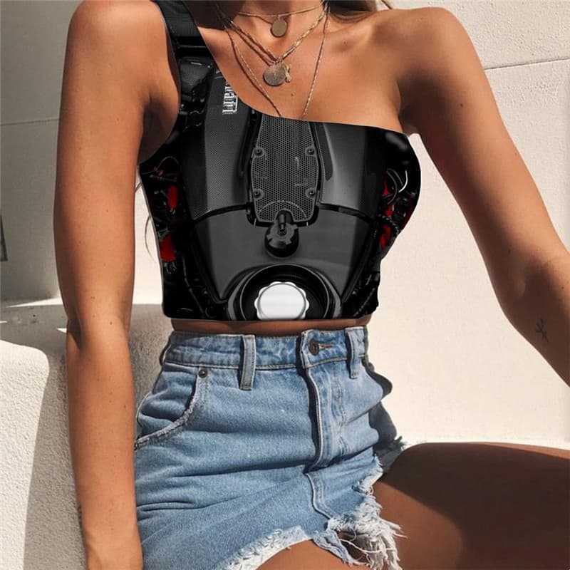 Metal Vest Tops Women Engine Tees Graphic Gear Midriff T shirt Engine One Shoulder Crop Punk Sleeveless Shirt