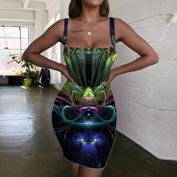Geometric Dress Women Psychedelic 3d Print Vortex Halter Sleeveless Flower Vestido Sexy - KYKU