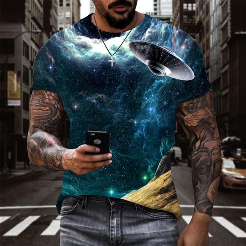 Galaxy T-shirt Men Nebula Tshirt Printed Ufo Funny T shirts Landscape Tshirts Casual