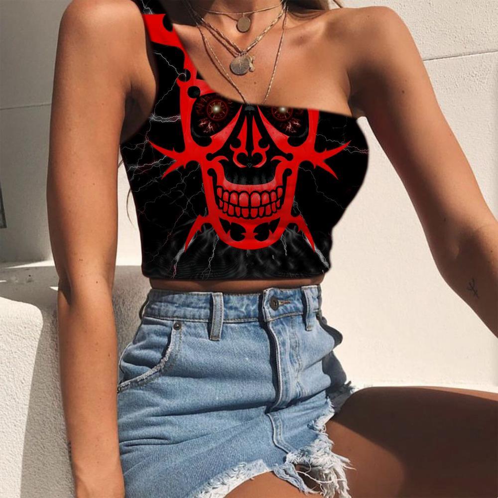 Skull Tank Tops Women Punk Sleeveless Shirt Red Midriff T shirt Devil One Shoulder Crop - KYKU