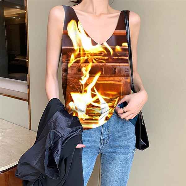 Flame Tank Top Women Radio Tank Tops Casual Music Vest Printed Womens Clothing