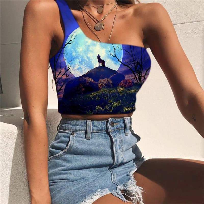 Wolf Tank Tops Women Animal One Shoulder Crop Anime Tees Graphic Moon Sleeveless Shirt Tree Midriff T shirt - KYKU