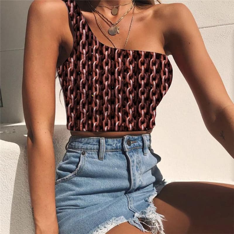 Iron Chain Vest Tops Women Brown Sleeveless Shirt Metal Tees Graphic Punk Rock One Shoulder Crop