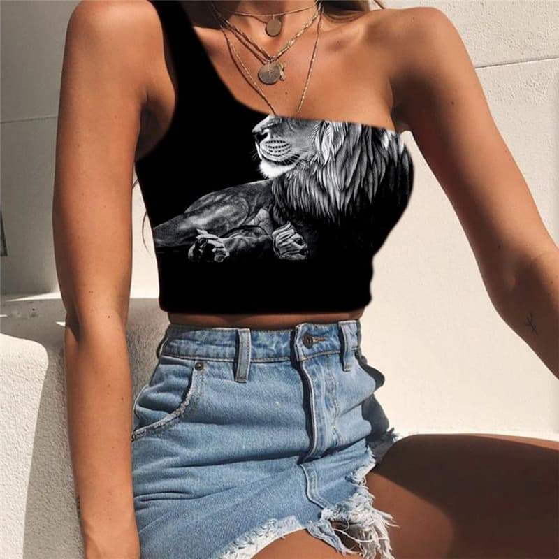Lion Vest Tops Women Animal Tees Graphic Anime Midriff T shirt Hilarious Sleeveless Shirt Black One Shoulder Crop - KYKU