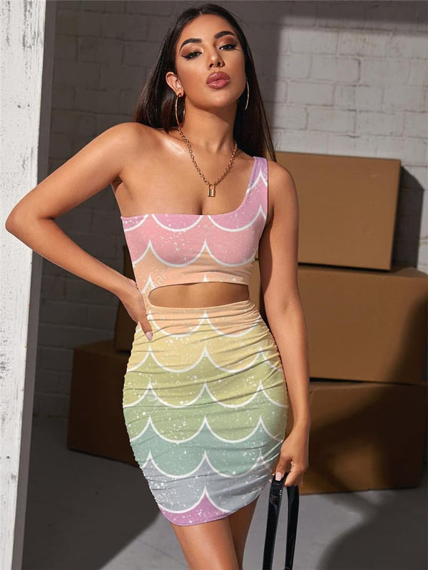 Colorful Dresses Women Rainbow Halter Sleeveless Abstract 3d Print Stripe Bodycon Dress