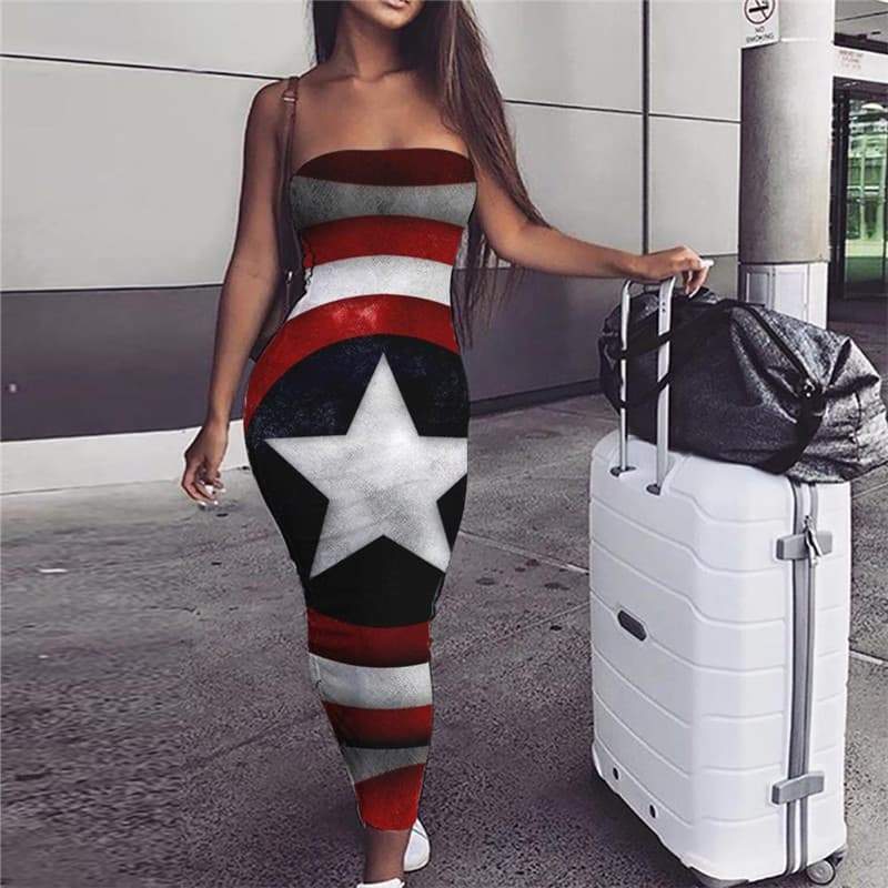 United States Dress Women National Flag sleeveless Stripe Bodycon Dress - KYKU