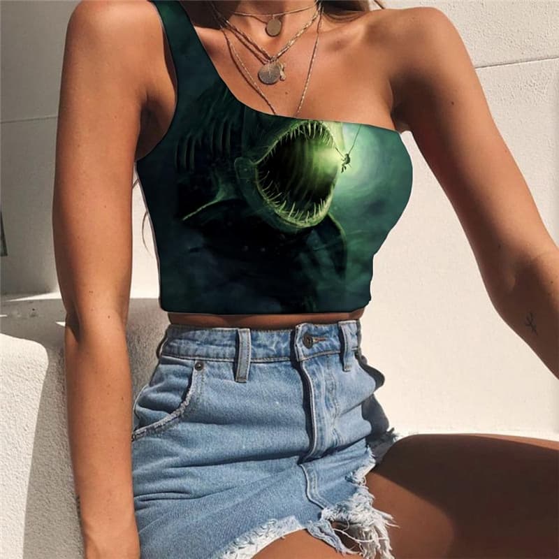 Fish Tank Tops Women Punk Rock Midriff T shirt Animal Sleeveless Shirt Green Tees Graphic Tropical One Shoulder Crop