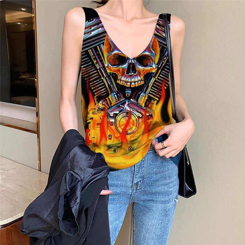 Skull Tank Top Women Punk Vest Printed Flame Vest Print Motorcycle Sleeveless 3d - KYKU