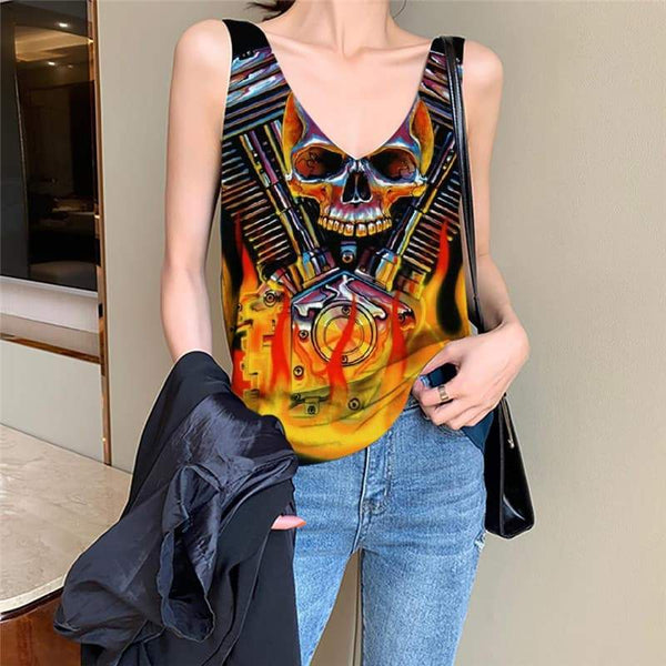 Skull Tank Top Women Punk Vest Printed Flame Vest Print Motorcycle Sleeveless 3d - KYKU