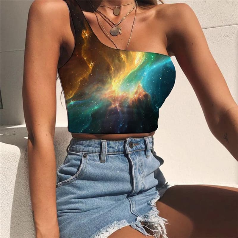 Galaxy Tank Tops Women Space Tees Graphic Universe One Shoulder Crop Colorful Sleeveless Shirt