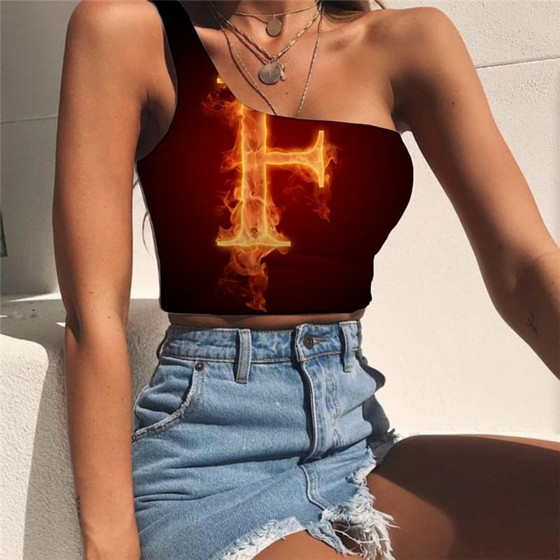 Flame Tank Tops Women Novel Tees Graphic Letter Midriff T shirt Womens Clothing