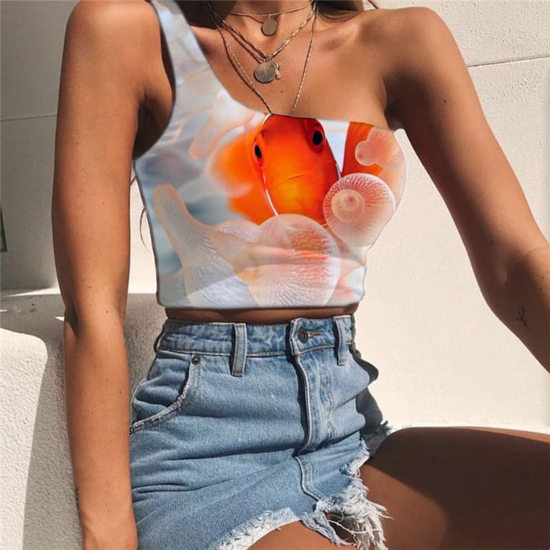 Fish Vest Tops Women Animal Midriff T shirt Gothic Sleeveless Shirt Space Tees Graphic Bubble One Shoulder Crop
