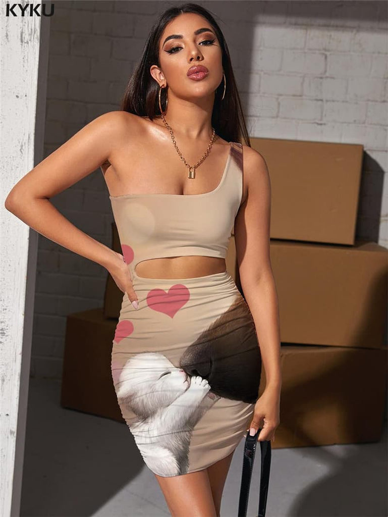 Dog Dress Women Animal 3d Print Lovely Bodycon Dress Painting Hollow out Dresses