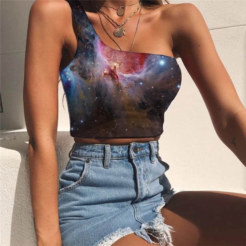 Galaxy Tank Tops Women Space Midriff T shirt Universe One Shoulder Crop Nebula Tees Graphic