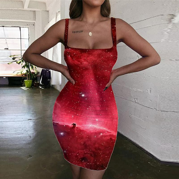 Galaxy Dresses Women Space Halter Sleeveless Universe 3d Print Red Ladies Dresses Nebula Bodycon Dress