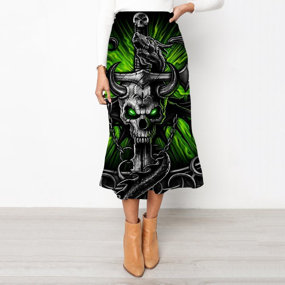 Skull Skirts Women Punk Rock Frauen Devil School skirt Wing Skirt Ladies Iron Chain High waist skirts - KYKU