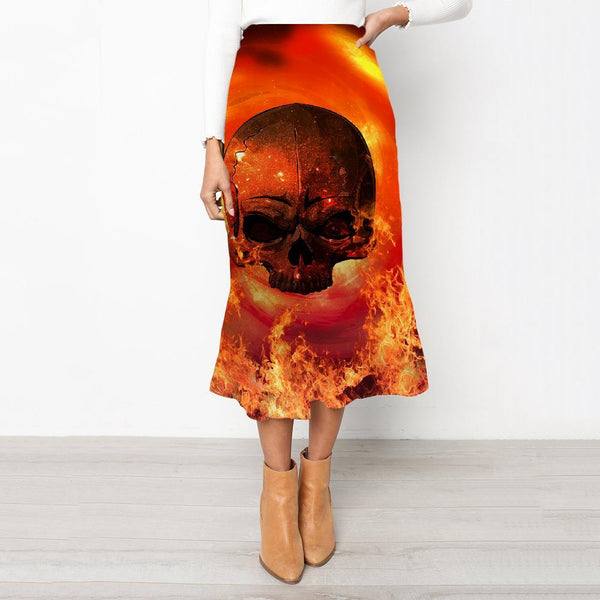 Skull Skirt Women Punk High waist skirts Flame School skirt Red Rock Frauen - KYKU