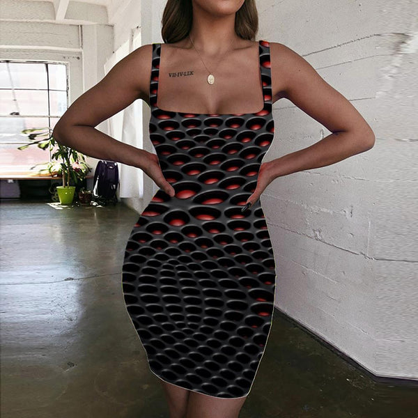 Geometric Dress Women Psychedelic Bodycon Dress Vortex 3d Print Honeycomb Vestido Sexy Black Sundress - KYKU