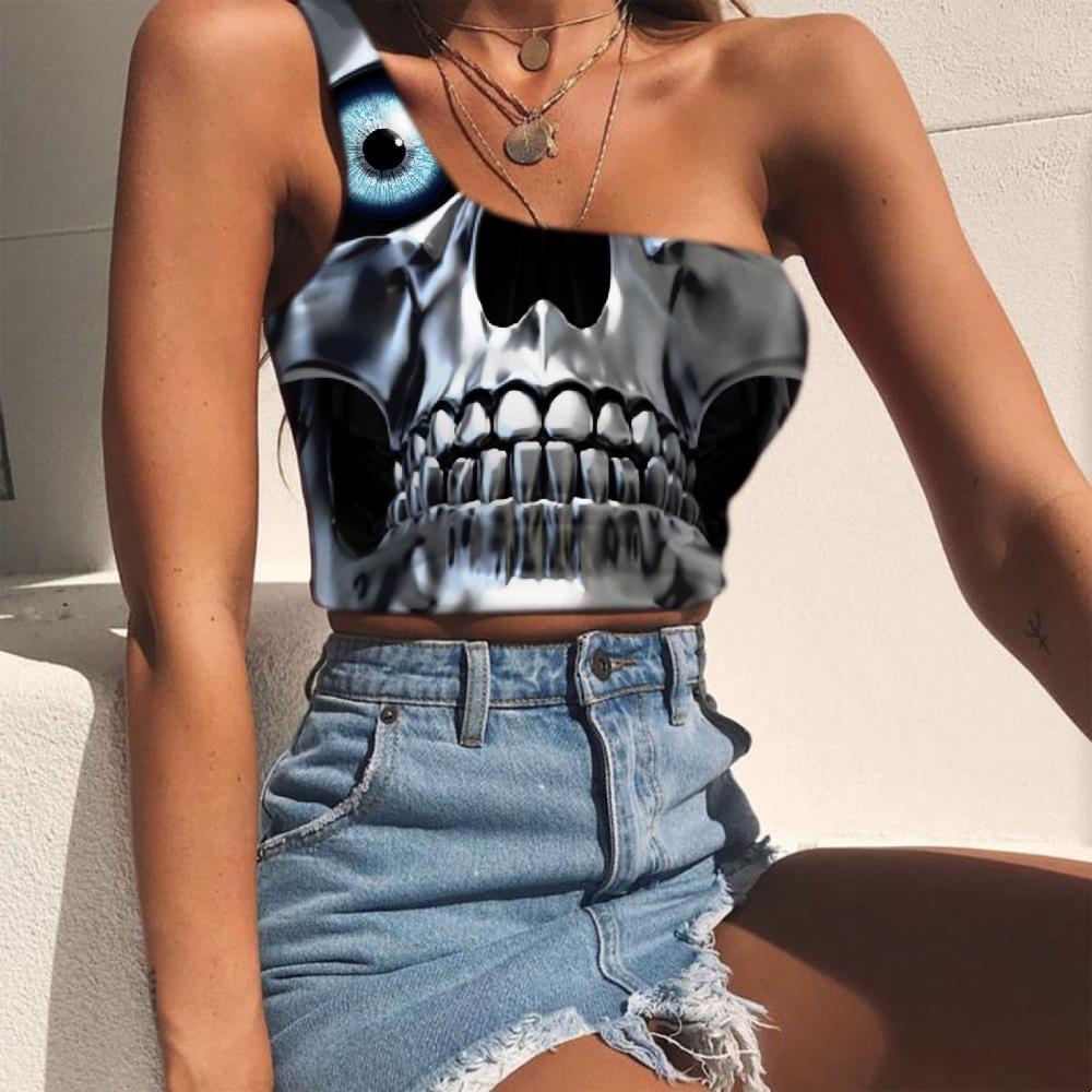 Skull Vest Tops Women Punk Midriff T shirt Flame One Shoulder Crop Iron Chain Sleeveless Shirt - KYKU