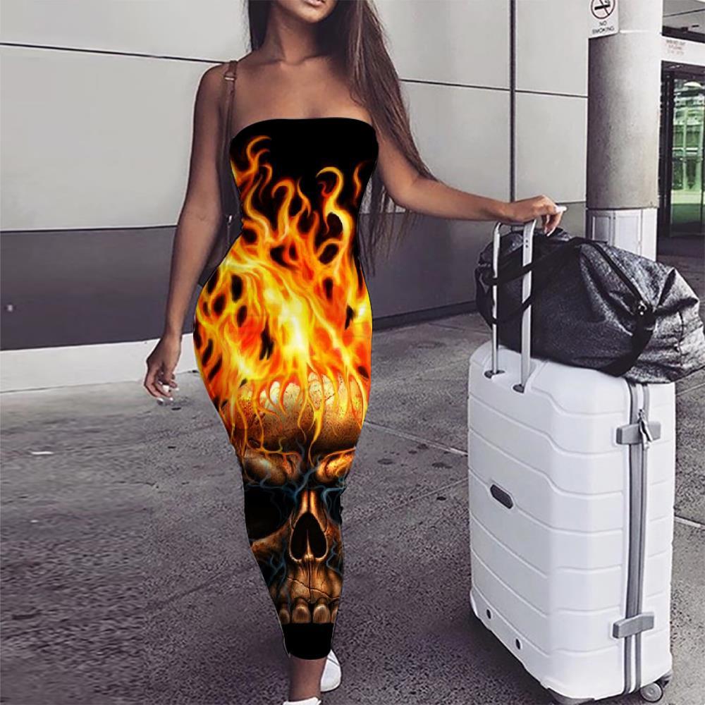 Skull Dress Women Punk 3d Print Flame Ladies Dresses Skull sleeveless - KYKU