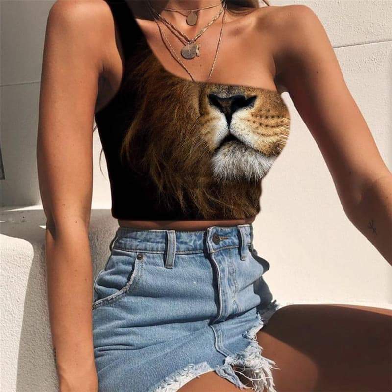 Lion Vest Tops Women Animal Midriff T shirt Anime Tees Graphic Harajuku One Shoulder Crop Street Sleeveless Shirt - KYKU