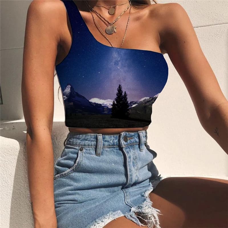 Galaxy Vest Tops Women Space Sleeveless Shirt Universe Tees Graphic Tree Midriff T shirt Snow Mountain One Shoulder Crop
