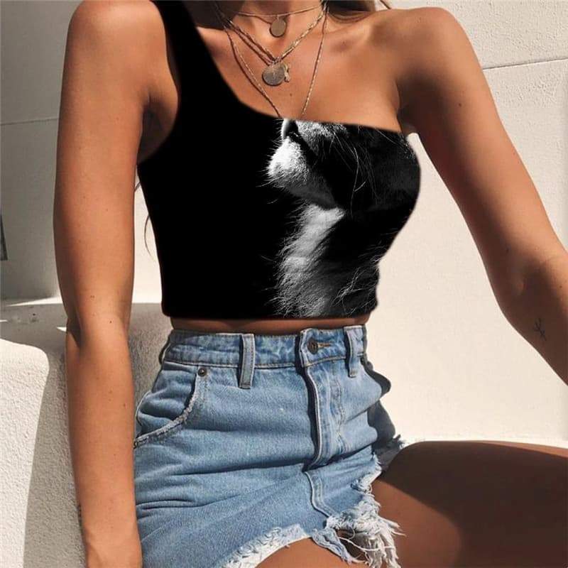 Lion Vest Tops Women Animal Sleeveless Shirt Anime Midriff T shirt Black Tees Graphic Harajuku One Shoulder Crop - KYKU