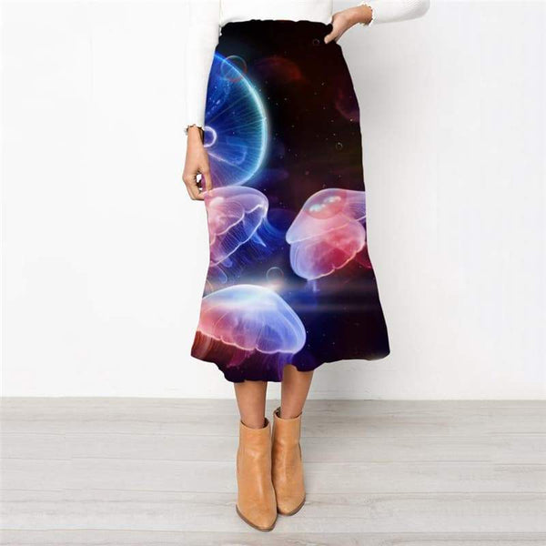 Ocean Skirts Women Jellyfish Rock Frauen Fluorescence High waist skirts Colorful School skirt - KYKU