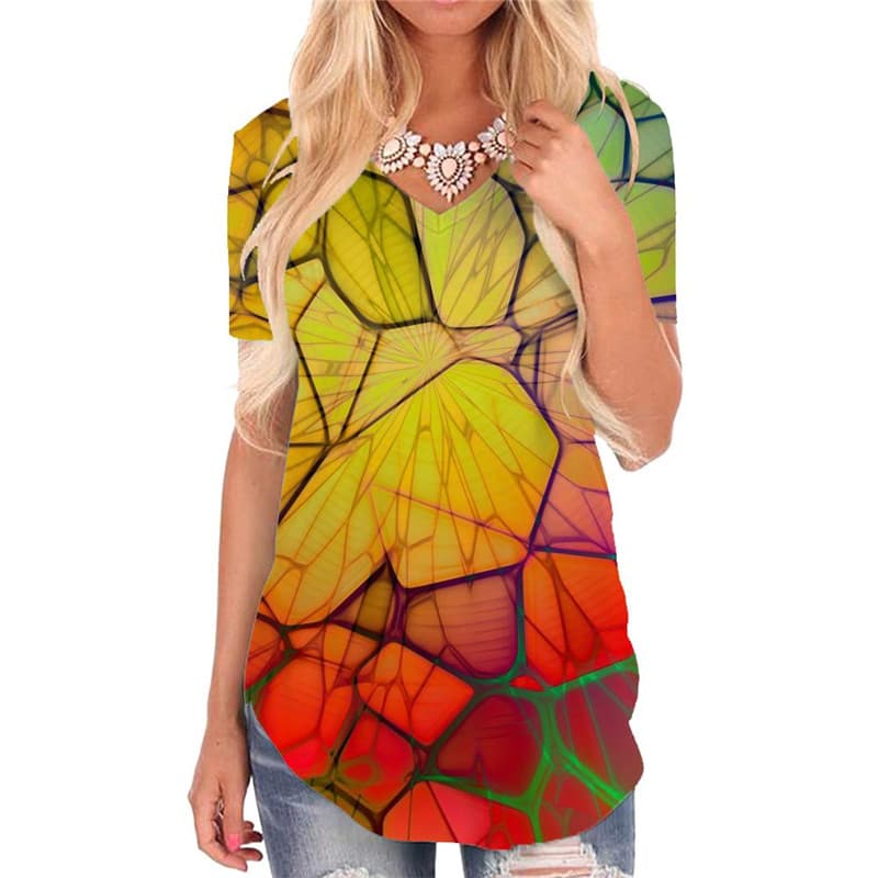 Geometric T-shirt women Psychedelic Funny T shirts Vortex Shirt Print Network V-neck Tshirt