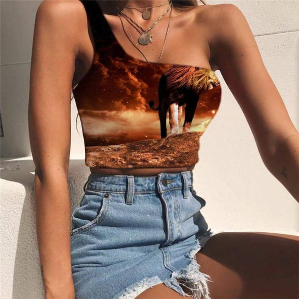Lion Vest Tops Women Animal One Shoulder Crop Anime Tees Graphic Galaxy Sleeveless Shirt Moon Midriff T shirt - KYKU