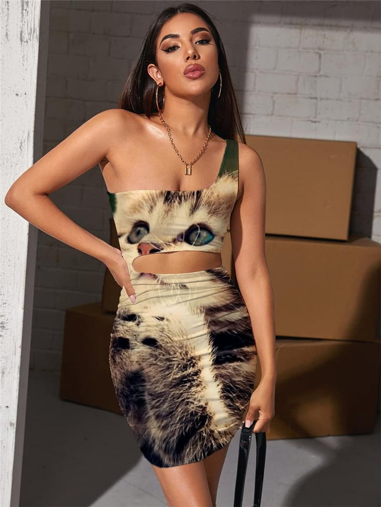 Cat Dress Women Animal Vestido Sexy Love 3d Print Harajuku Halter Sleeveless