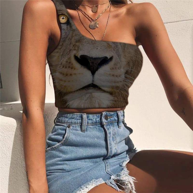 Lion Tank Tops Women Animal Midriff T shirt Anime Sleeveless Shirt Head Tees Graphic Harajuku One Shoulder Crop - KYKU