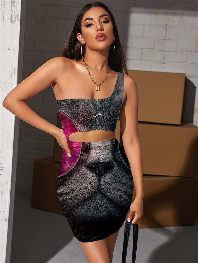 Cat Dress Women Animal Hollow out Dresses Nebula Bodycon Dress Galaxy Halter Sleeveless Rock Pleating