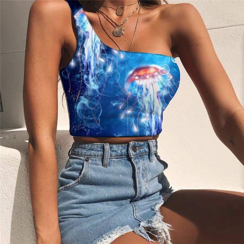 Ocean Vest Tops Women Jellyfish Tees Graphic Fluorescence Midriff T shirt Blue Sleeveless Shirt - KYKU