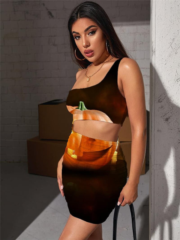 
Pumpkin Dresses Women Halloween Vestido Sexy Candle Bodycon Dress Hip Hop Halter Sleeveless
                